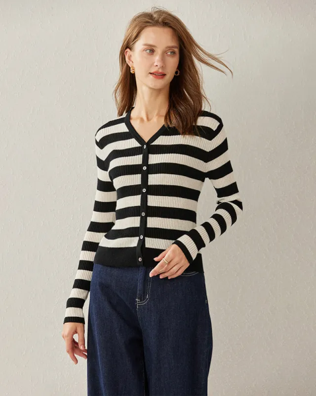 Classic Stripe V-Neck Cardigan sold by DAISYSILK