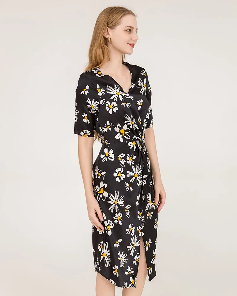 Daisy Print V-Neck Silk Midi Dress with Short Sleeves sold by DAISYSILK product image thumbnail 3