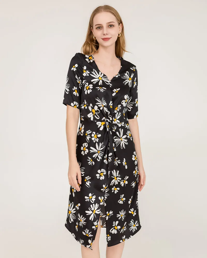 Daisy Print V-Neck Silk Midi Dress with Short Sleeves sold by DAISYSILK