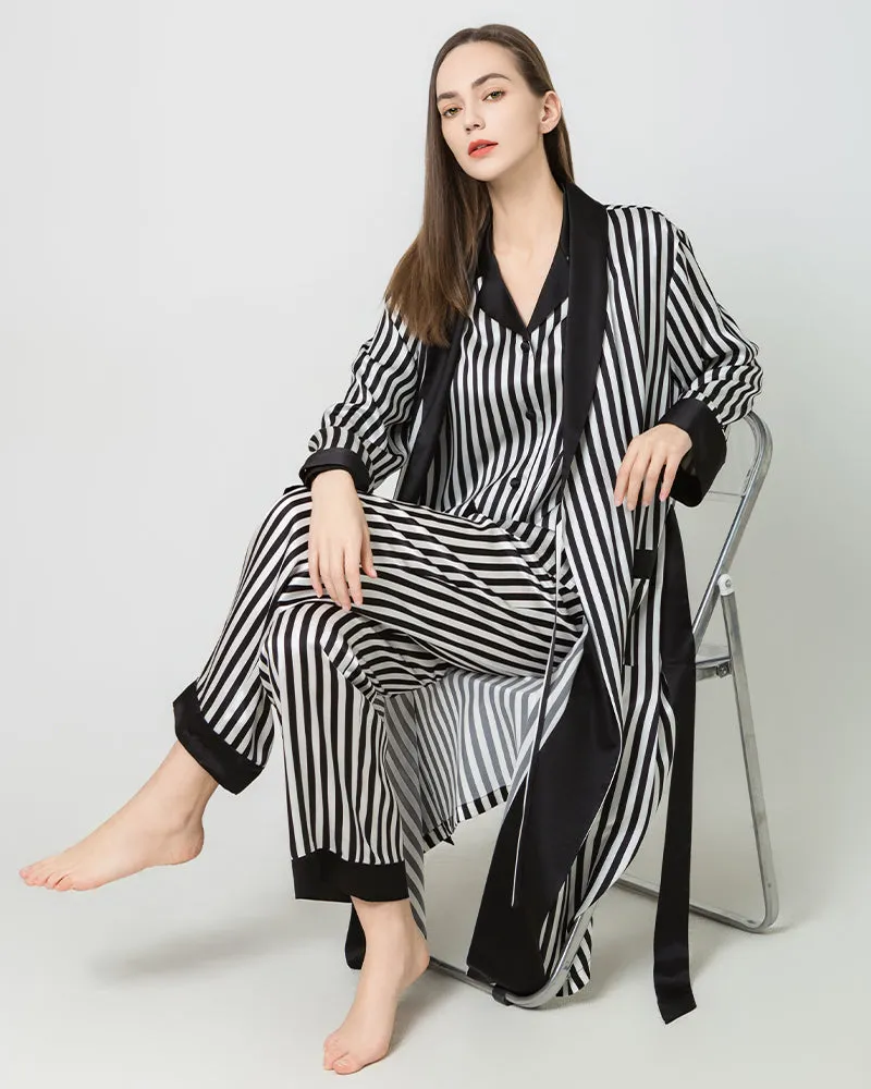 Women's Silk Satin Black And White Striped Long Robe sold by DAISYSILK product image thumbnail 5