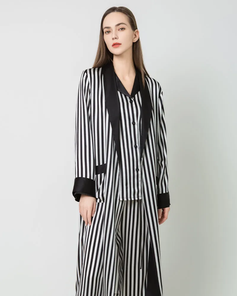 Women's Silk Satin Black And White Striped Long Robe sold by DAISYSILK