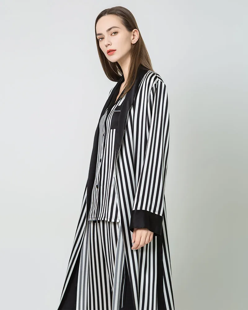 Women's Silk Satin Black And White Striped Long Robe sold by DAISYSILK product image thumbnail 3