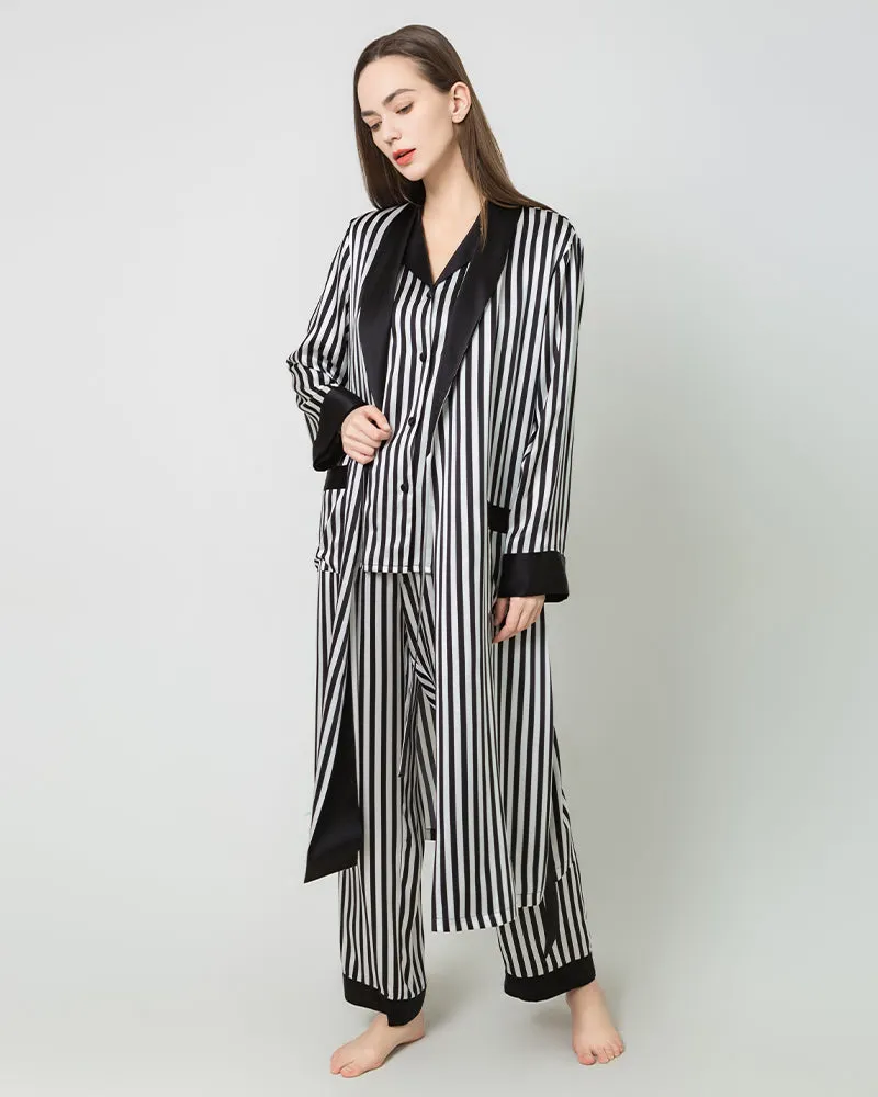 Women's Silk Satin Black And White Striped Long Robe sold by DAISYSILK product image thumbnail 2