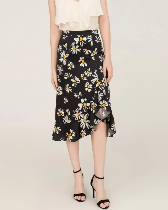 Daisy Print Asymmetrical Hem 100% Silk Midi Skirt sold by DAISYSILK