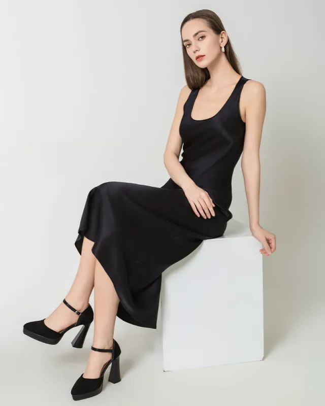 Silk Round Neck Cinched Waist Long Dress sold by DAISYSILK