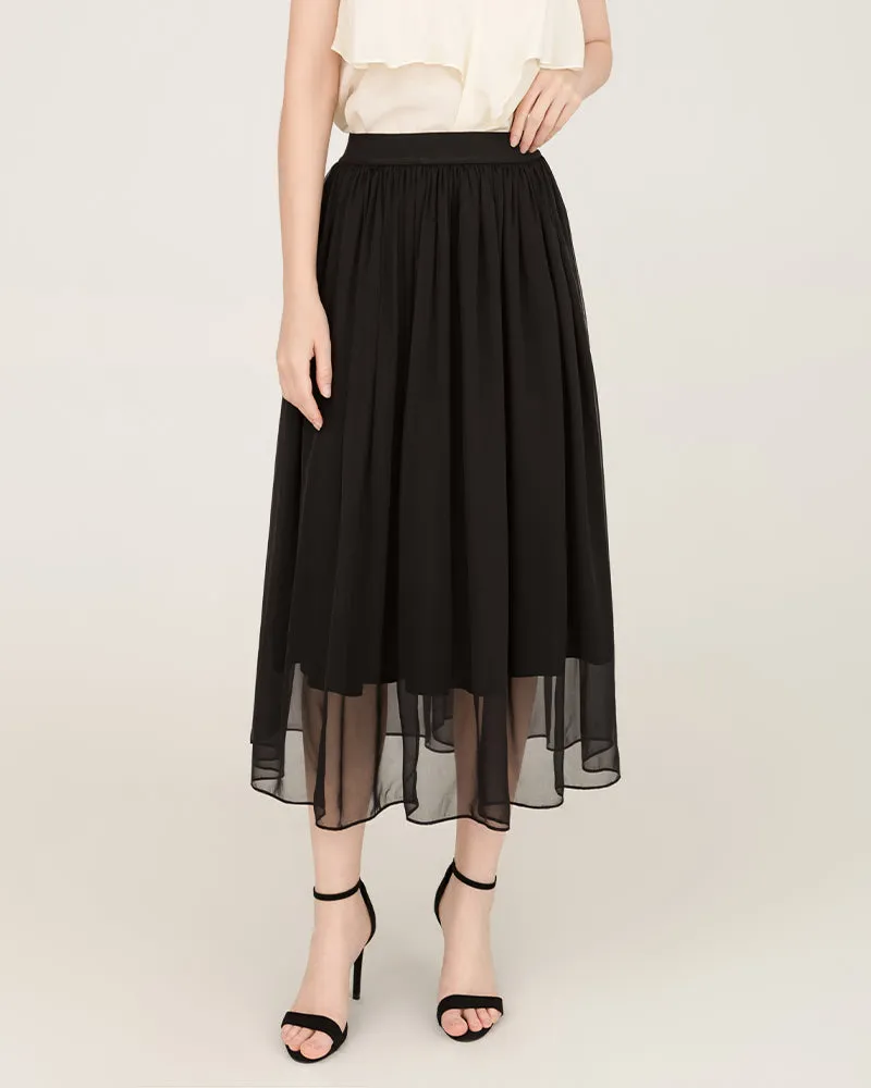Black Silk Midi Skirt with Tulle Layer sold by DAISYSILK