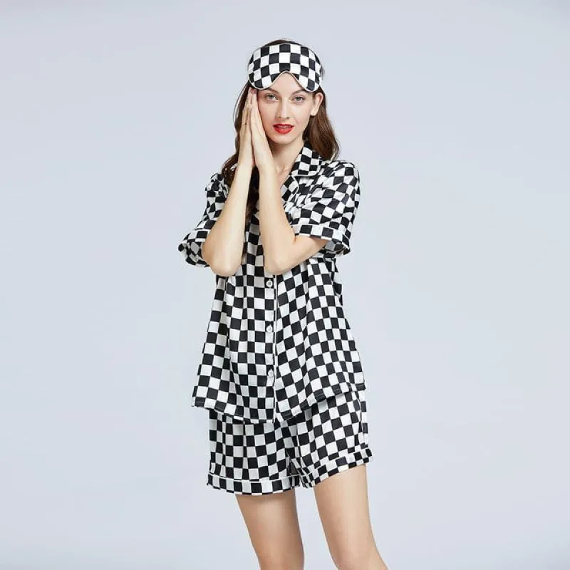 Checked Short Sleeved Shorts Silk Pajama Set sold by DAISYSILK