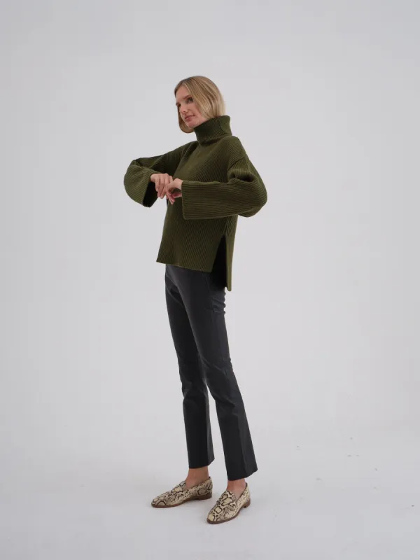 Wool Ribbed Turtleneck Sweater, Olive sold by Modatrova