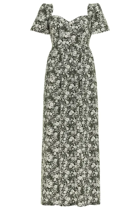 Poppy Maxi Dress / Forest Green + Vintage White Floral Cotton sold by Modatrova
