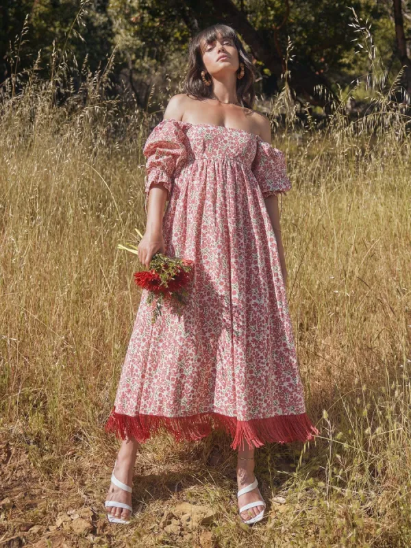 Jocelyn Embroidered Puff Sleeve Fringe Dress sold by Modatrova