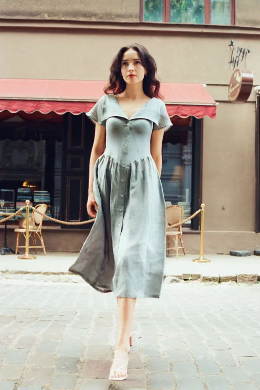 Helena Dress / 100% Linen in Pale Blue with Shell Buttons sold by Modatrova