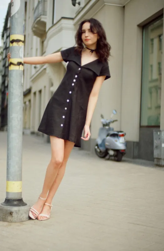 Gabi Short Dress / 100% Linen in Black with Shell Buttons sold by Modatrova