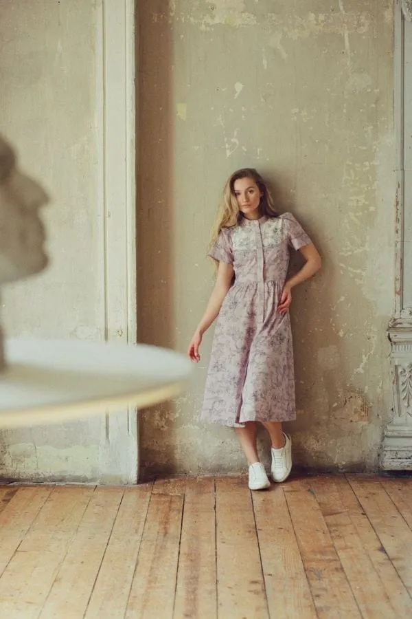 Clover Shirt Dress in Lilac + Vintage White Toile Print Cotton Voile sold by Modatrova product image thumbnail 4