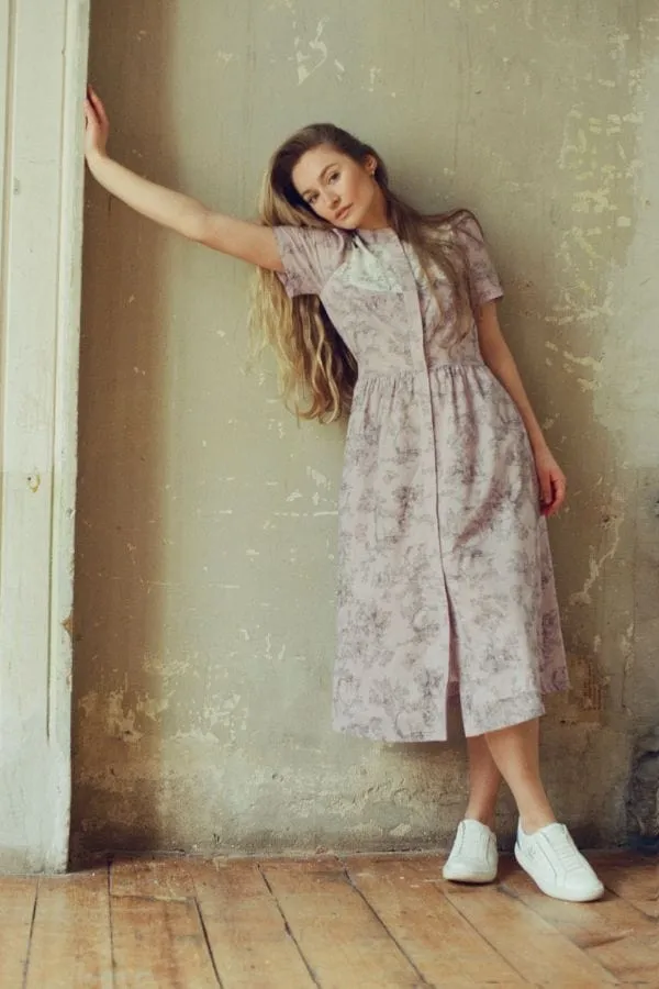 Clover Shirt Dress in Lilac + Vintage White Toile Print Cotton Voile sold by Modatrova product image thumbnail 2