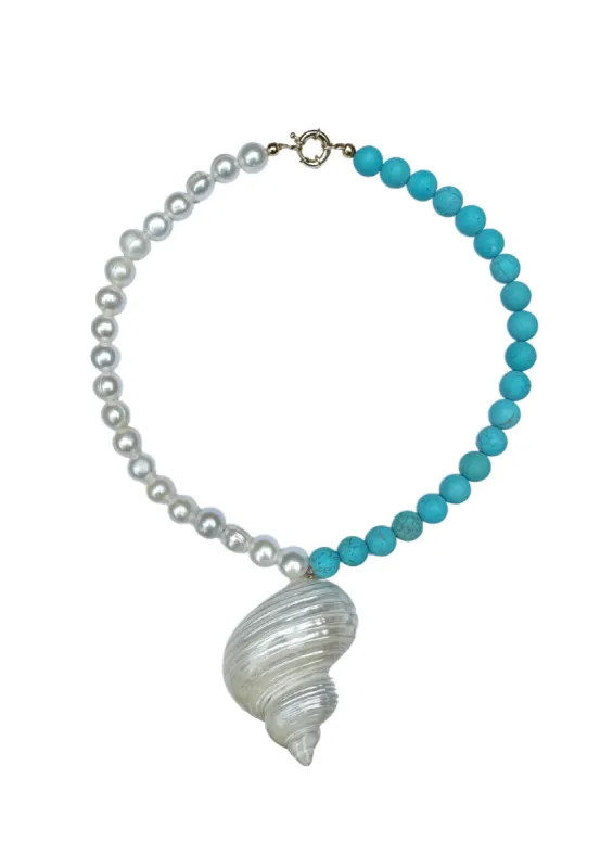Limited Edition: Freshwater Pearl & Turquoise Seashell Necklace sold by Modatrova