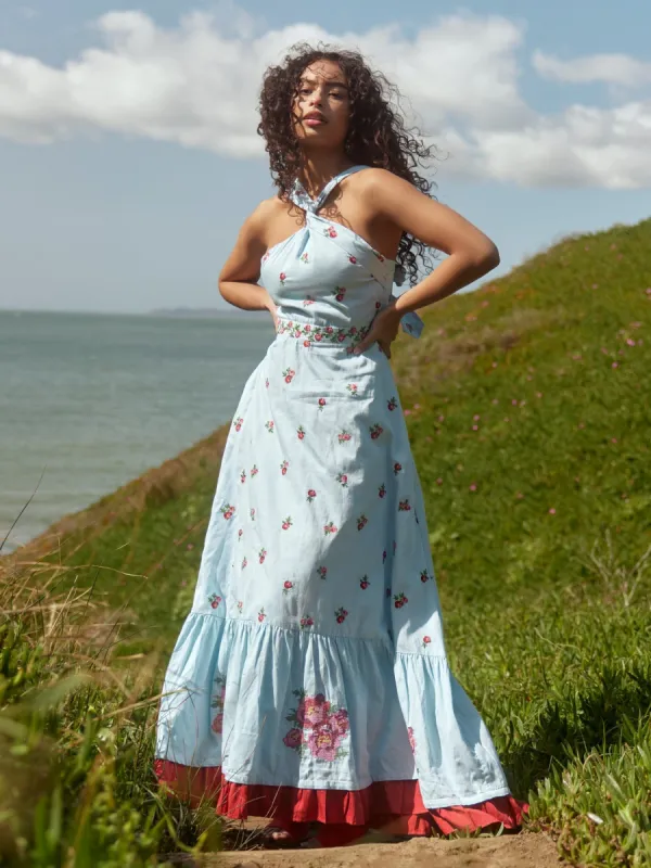 rixo regine floral embroidered tiered maxi dress Fawn Embroidered Midi Dress in Ivory Botanical Embroidery Pearl main image 0