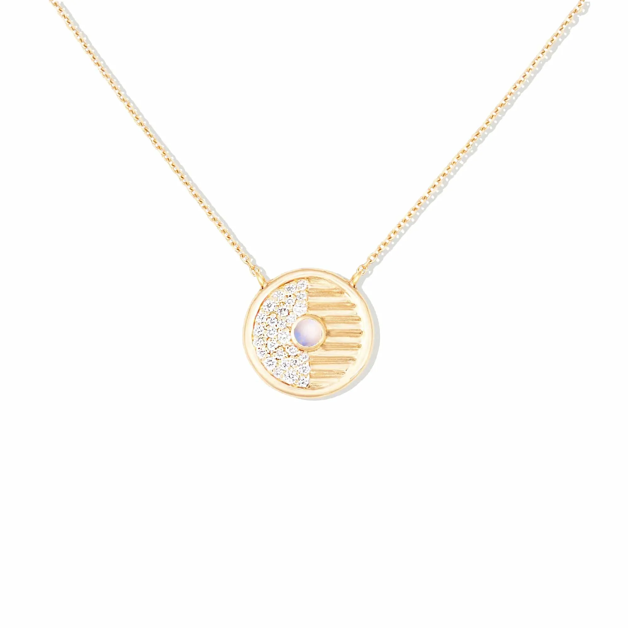Found Small Disk Pendant Necklace - White Diamond & Moonstone sold by Modatrova