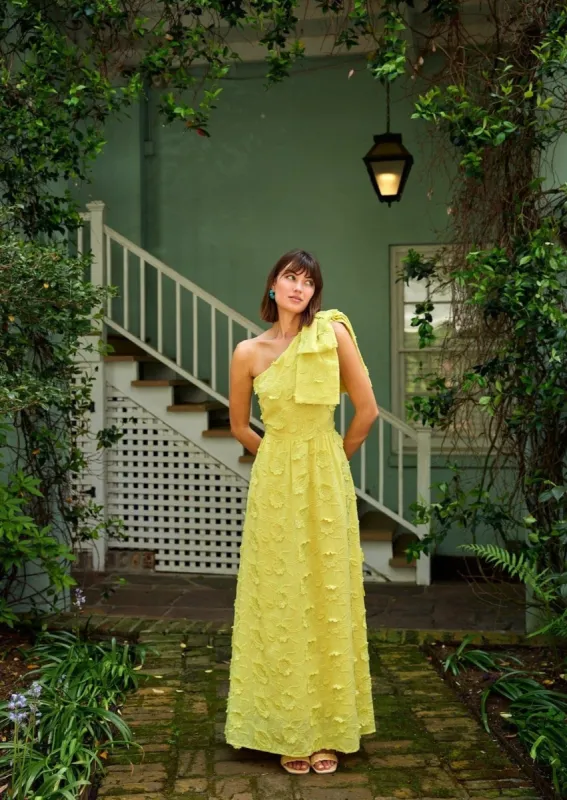 Caroline Gown Hot Yellow 3-D Floral Cotton sold by Modatrova