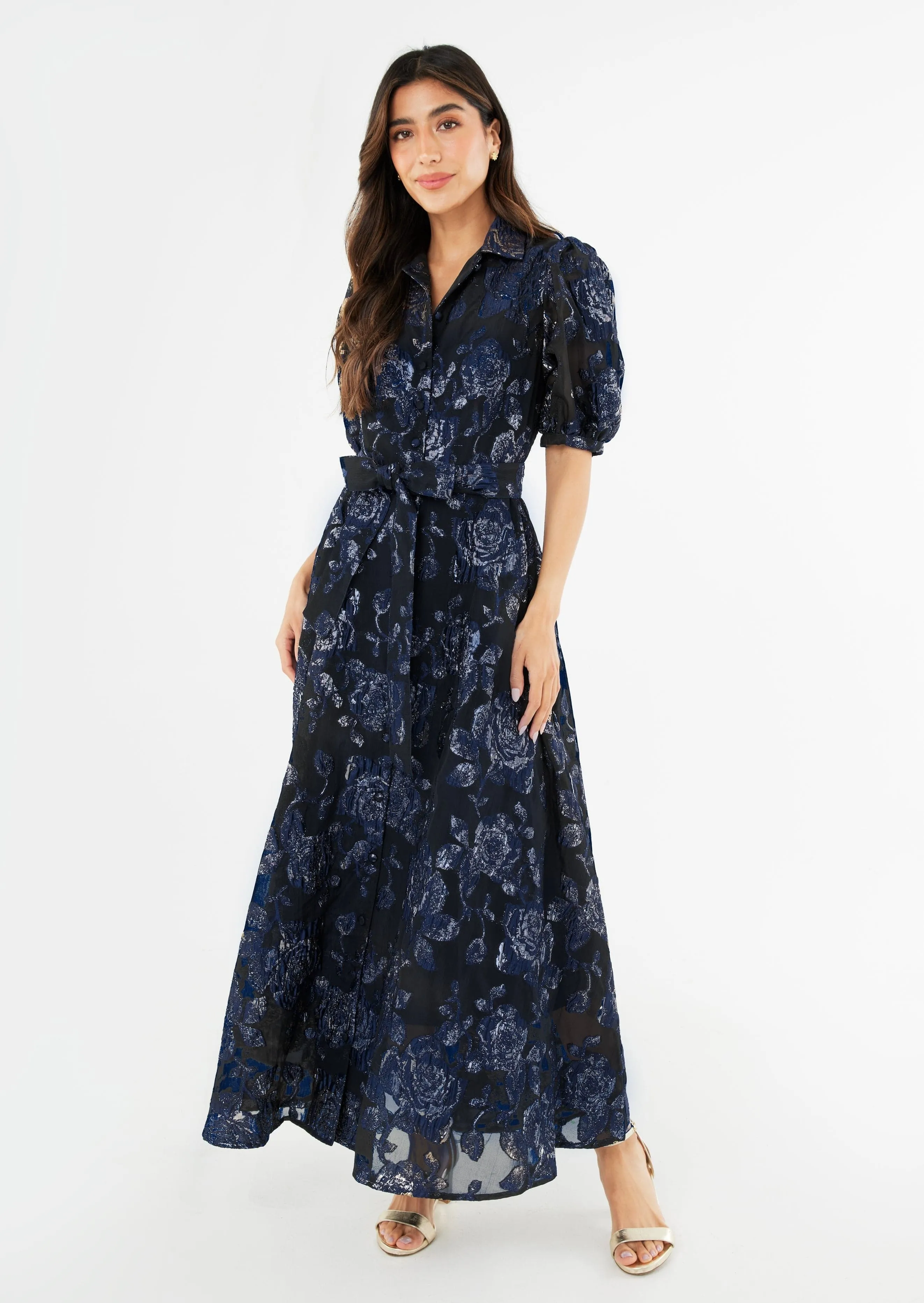 Charlotte Gown Navy Metallic Rose Organza sold by Modatrova