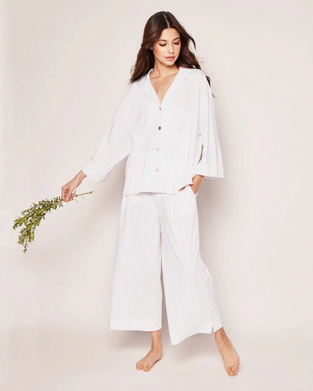 The Olivia Wide Leg Pima Pajama Set in White sold by Modatrova