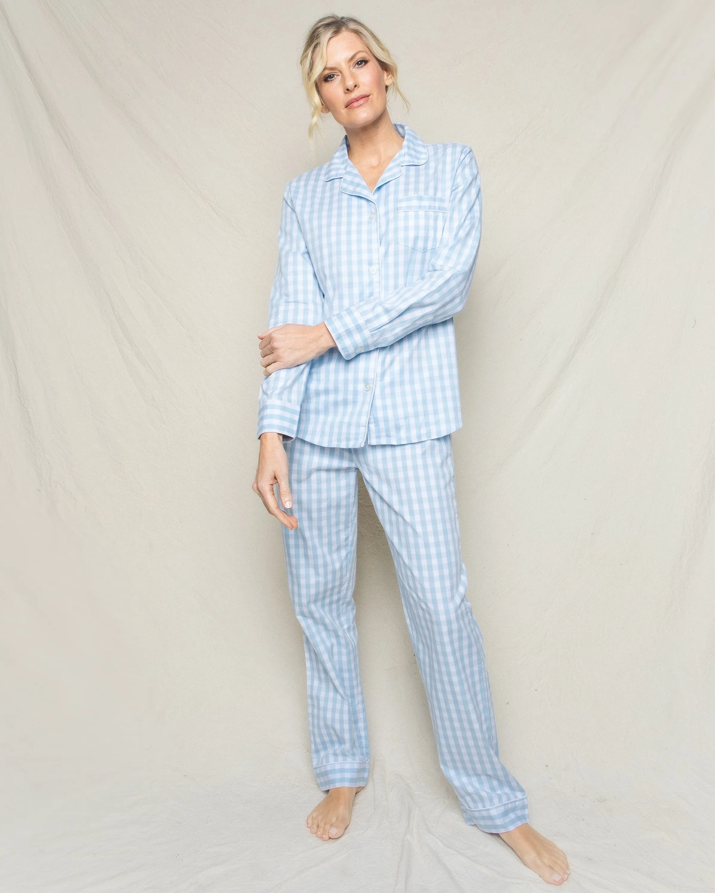 Women's Twill Pajama Set in Light Blue Gingham sold by Modatrova