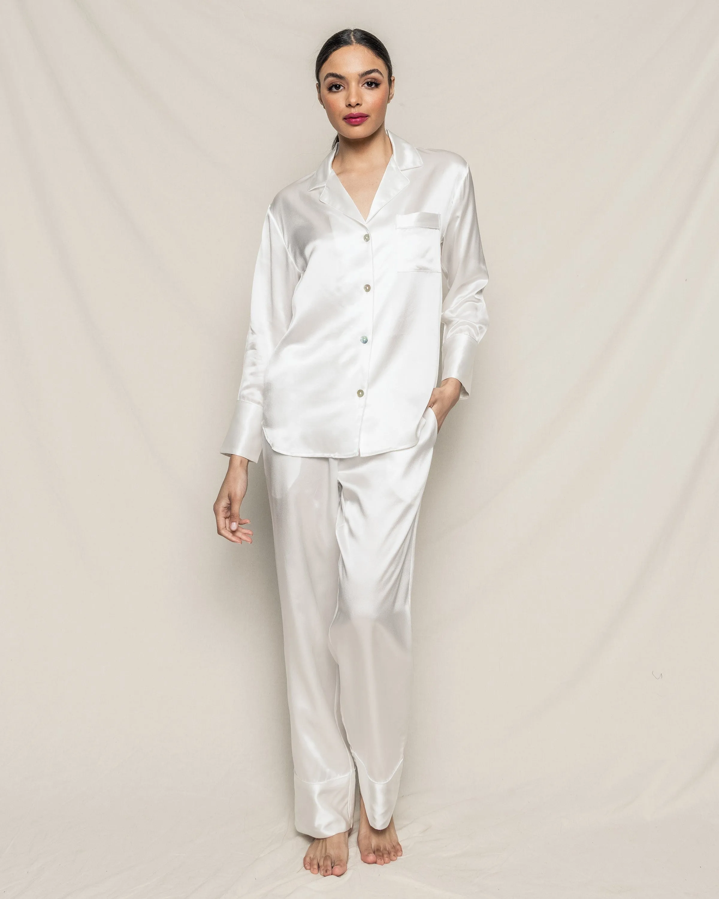 Women's Silk Pajama Set in White sold by Modatrova
