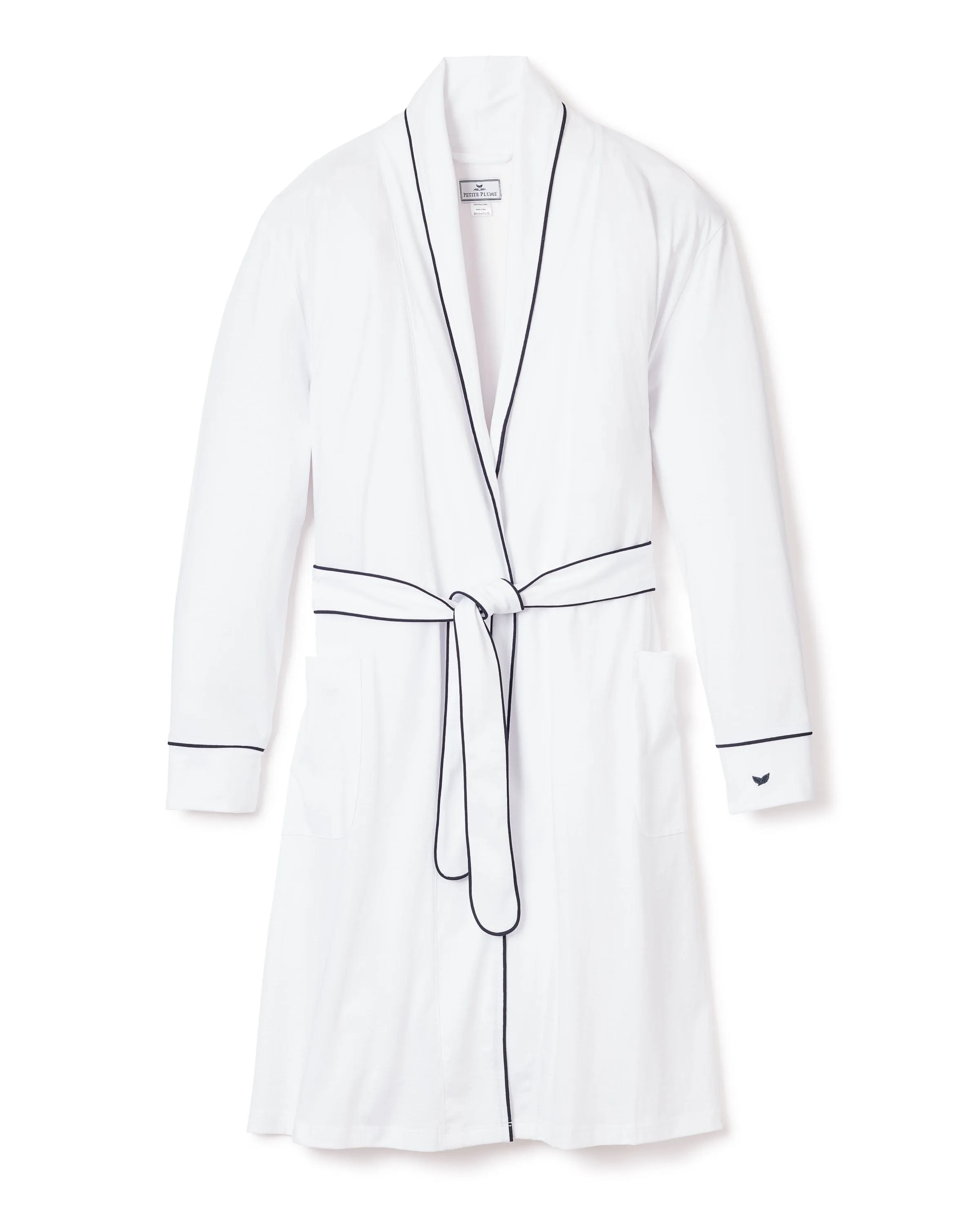 Women's Pima Robe in White with Navy Piping sold by Modatrova
