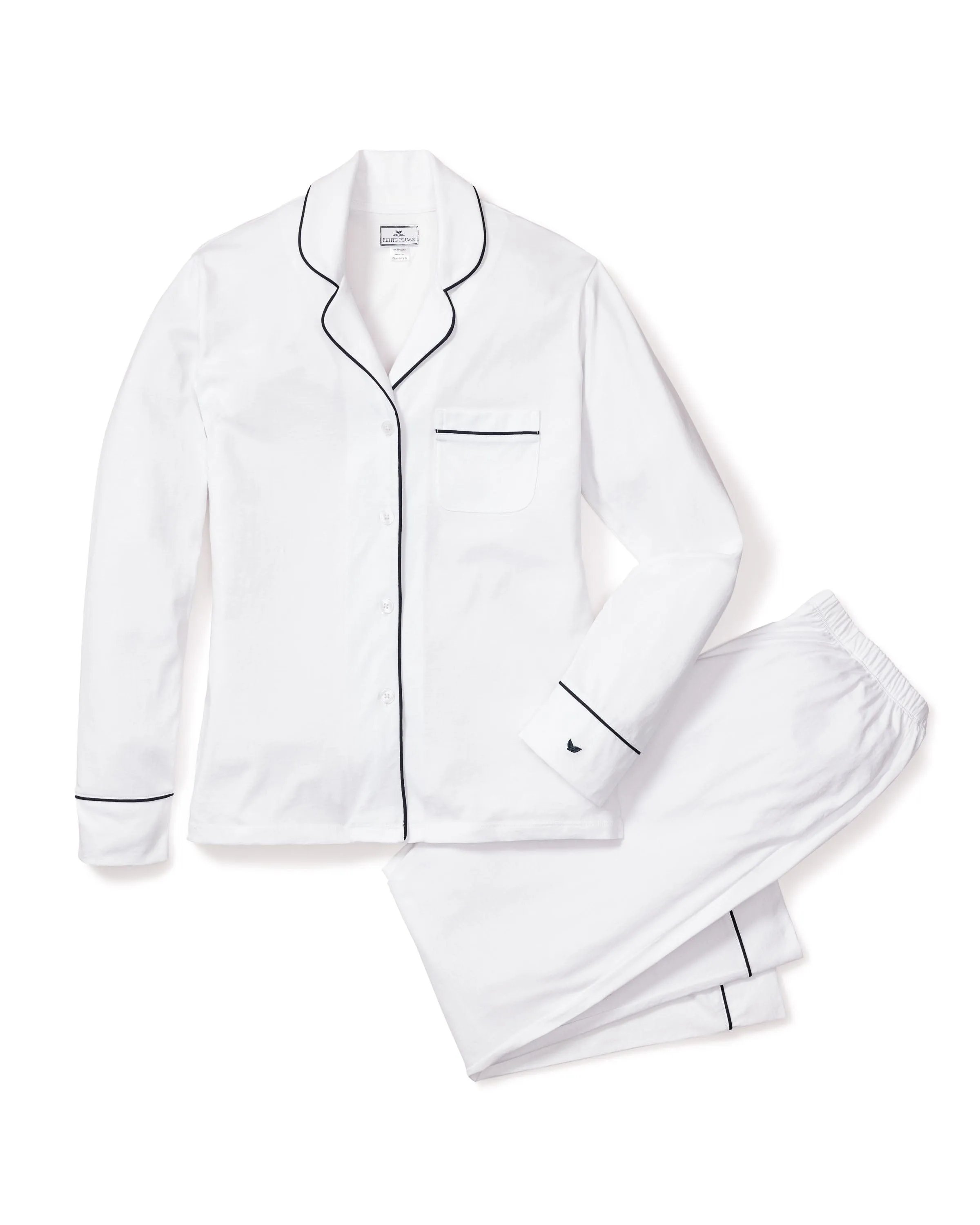 Women's Pima Pajama Set in White with Navy Piping sold by Modatrova product image thumbnail 3