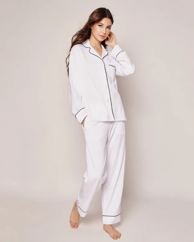 Women's Pima Pajama Set in White with Navy Piping sold by Modatrova