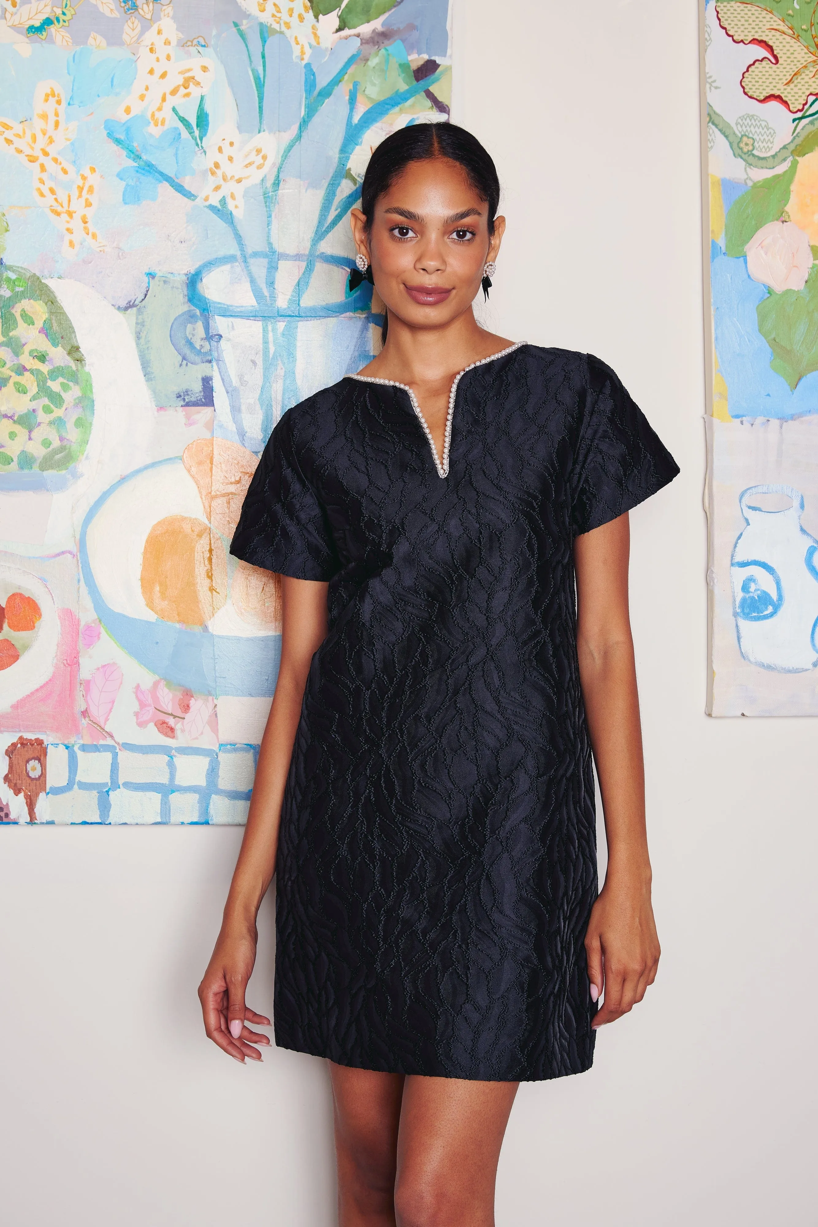 Lulu Dress Black Textured Satin Jacquard sold by Modatrova