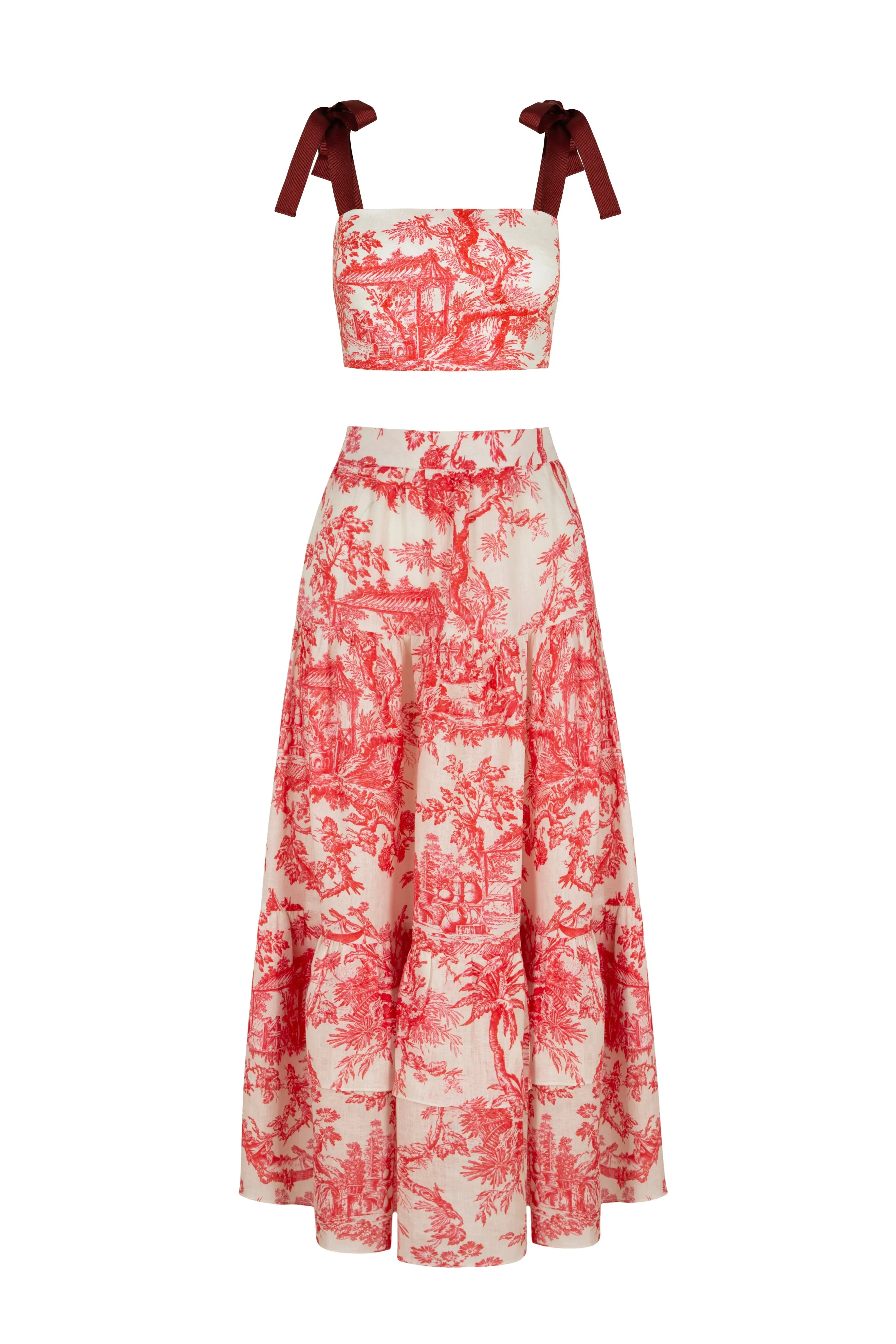 Mia Set in Cherry Red Toile de Jouy sold by Modatrova