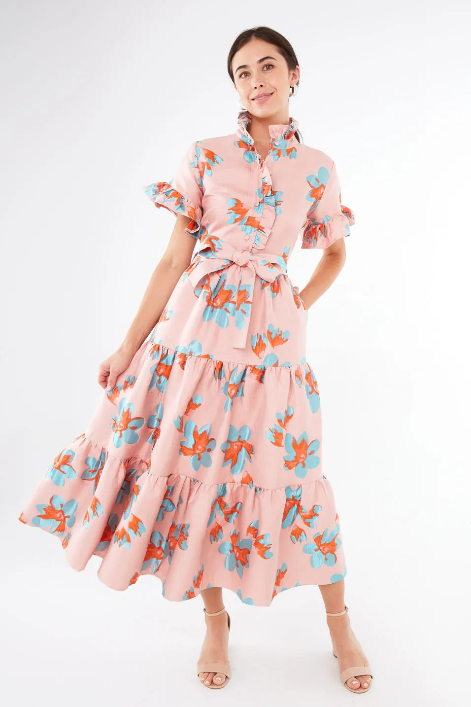 Sadie Maxi Dress Pink Plumeria Jacquard sold by Modatrova