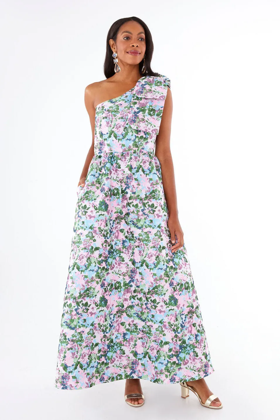 Caroline Gown Pink Abstract Floral Jacquard sold by Modatrova