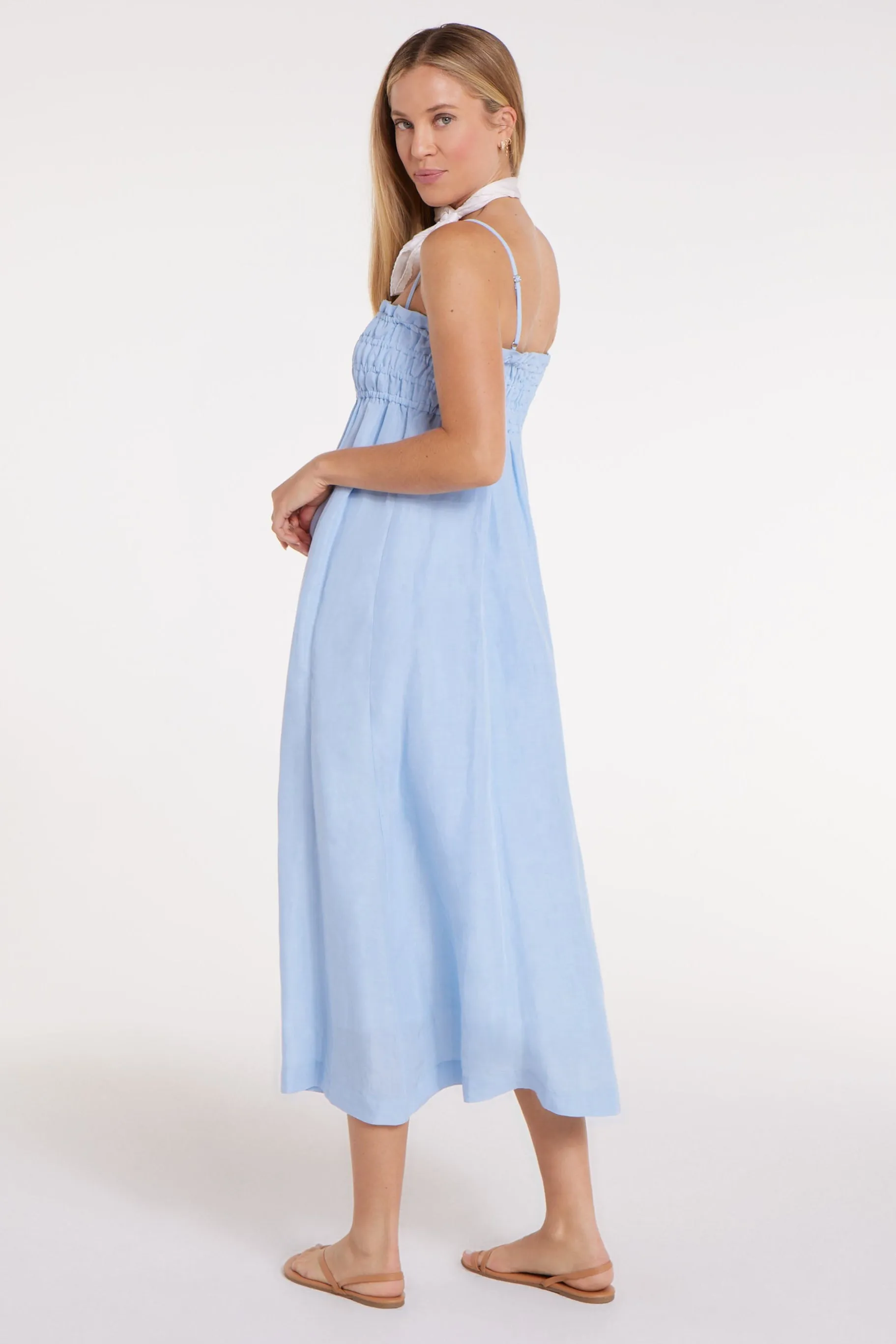 Margot Smocked Spaghetti Strap Midi Dress in Chambray Blue sold by Modatrova product image thumbnail 3