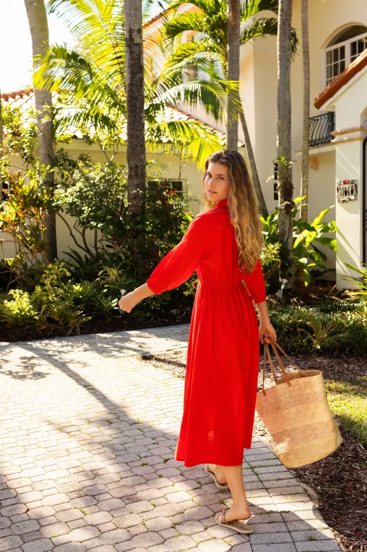 Natalia Cinched Tie Cover Up in Red Orange sold by Modatrova