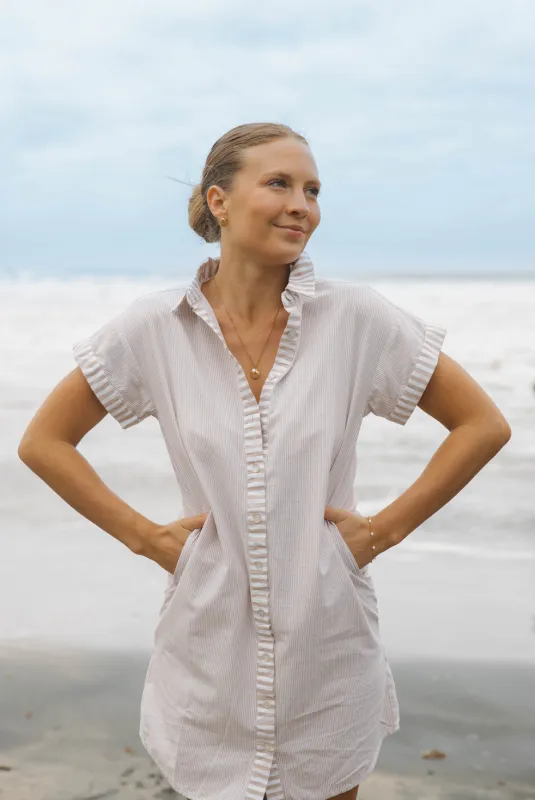 Riga Short Sleeve Short Dress - Tan Stripes sold by Modatrova