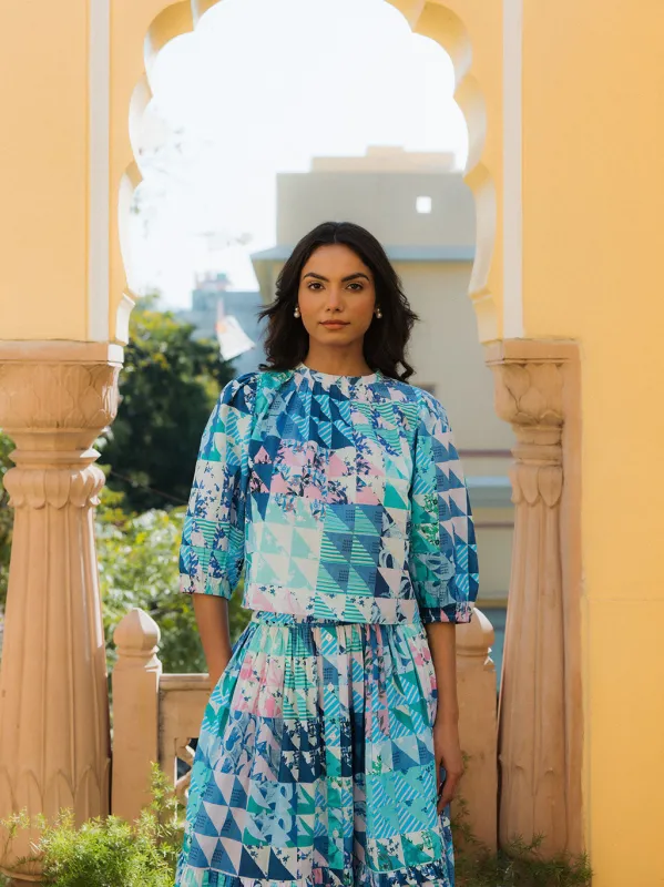 Mimi Top Green & Blue Geo sold by Modatrova