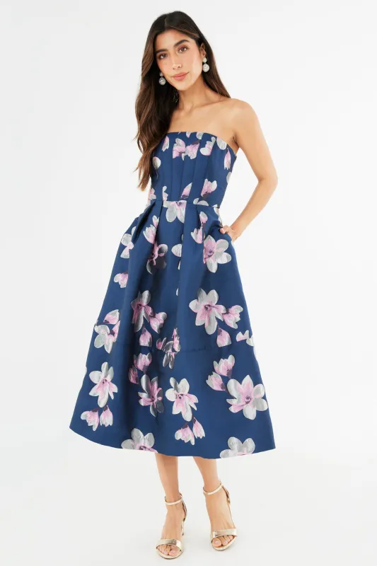 Catherine Dress Blue Plumeria Jacquard made by Abbey Glass