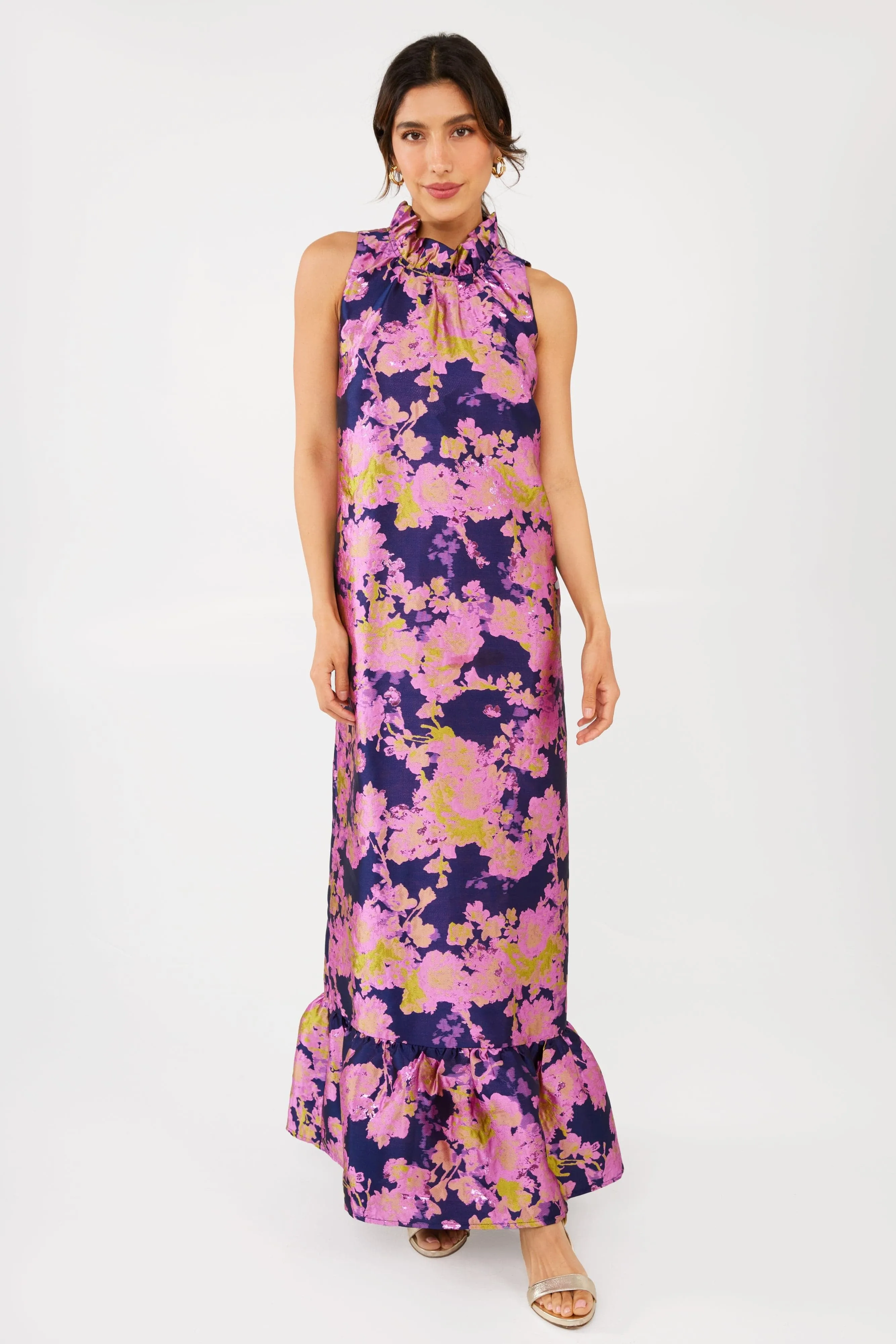 Camille Gown Navy Abstract Brocade sold by Modatrova