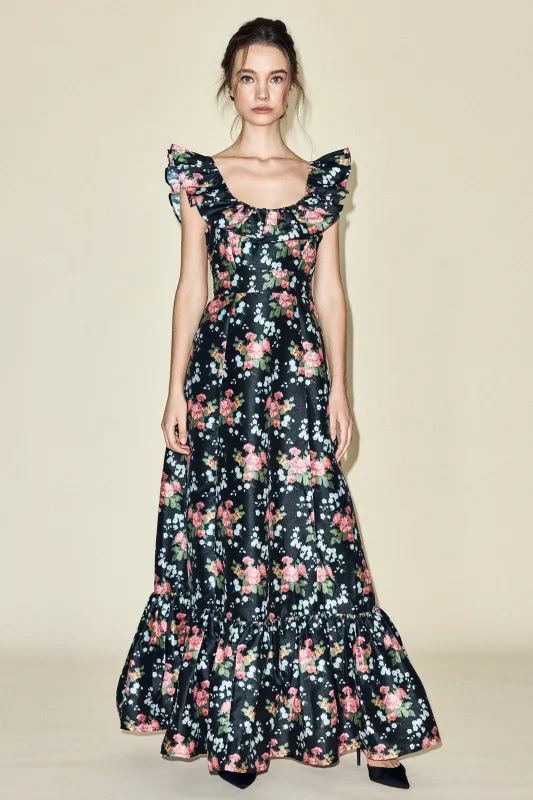 Camille Dress in Black Floral Brocade sold by Modatrova
