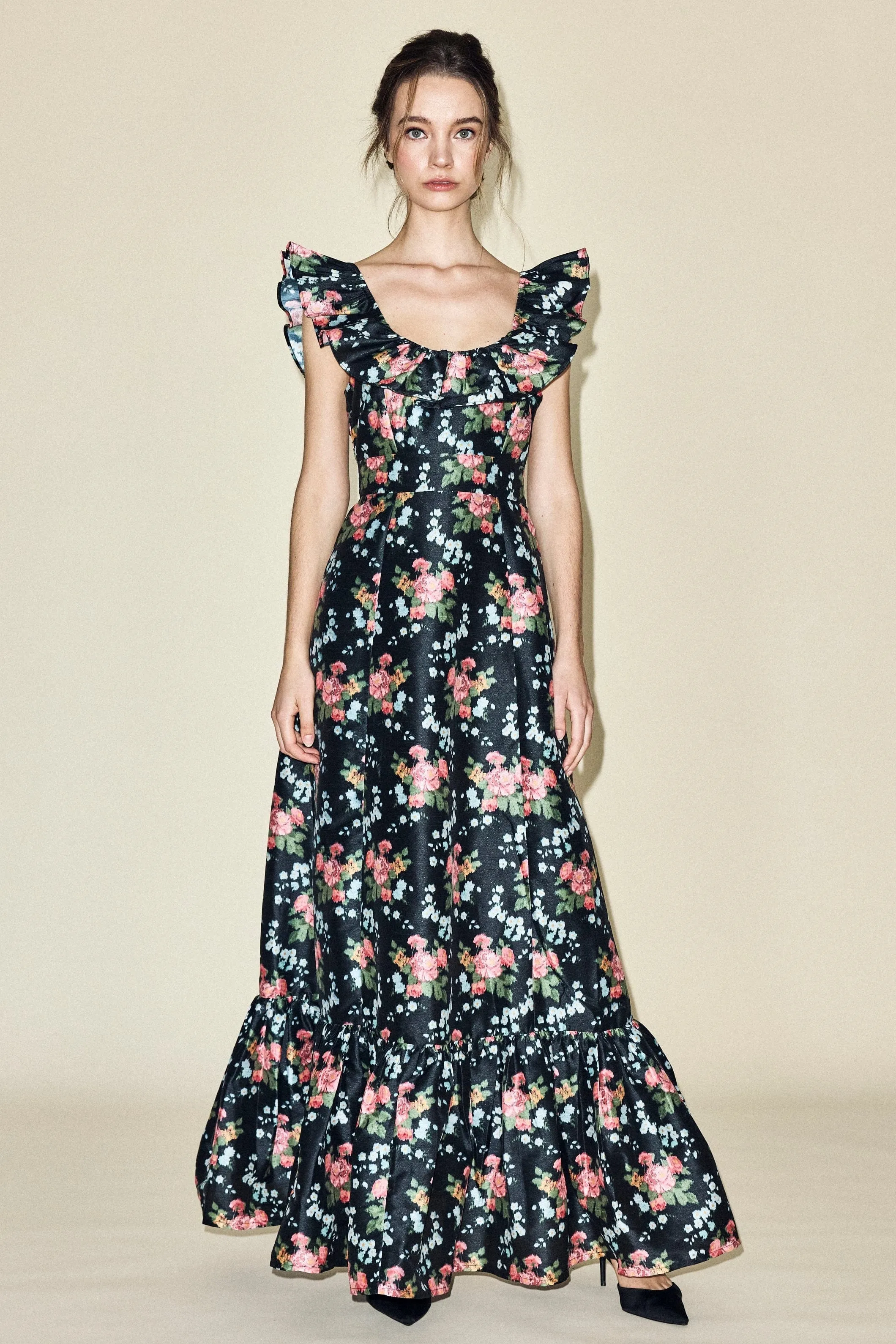 Camille Dress in Black Floral Brocade sold by Modatrova