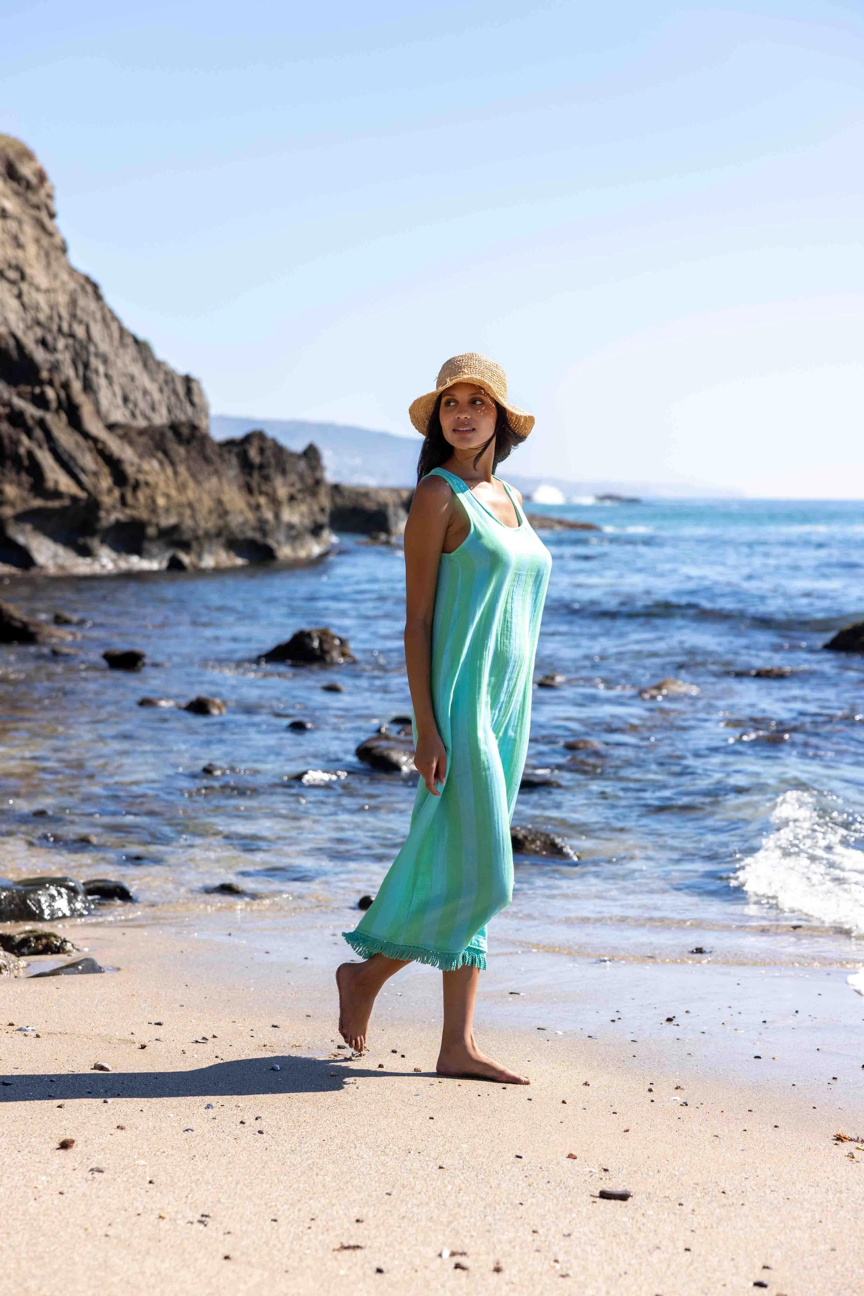 Positano Midi Tank Dress - Blue/Green Cabana Stripes sold by Modatrova product image thumbnail 4