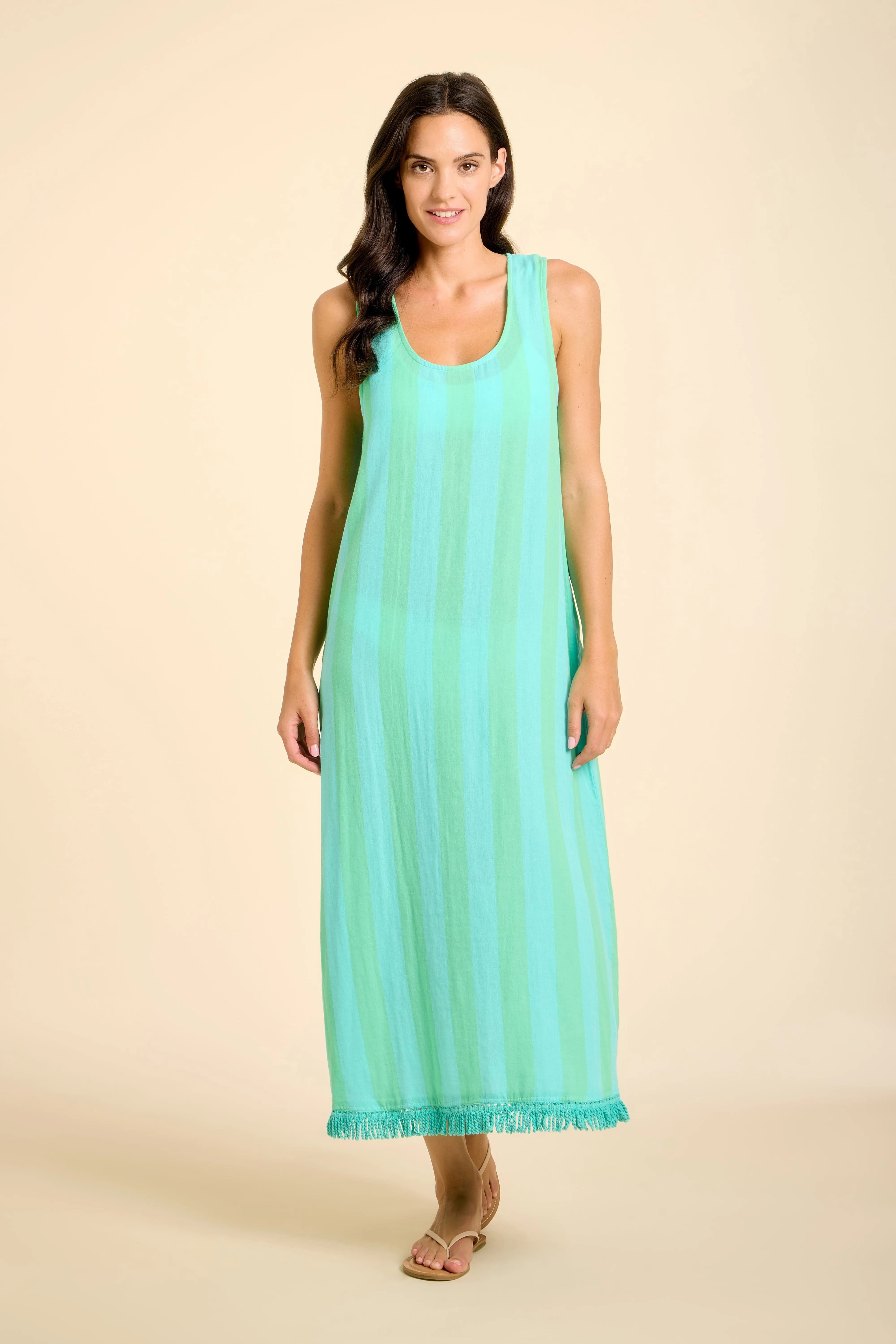 Positano Midi Tank Dress - Blue/Green Cabana Stripes sold by Modatrova