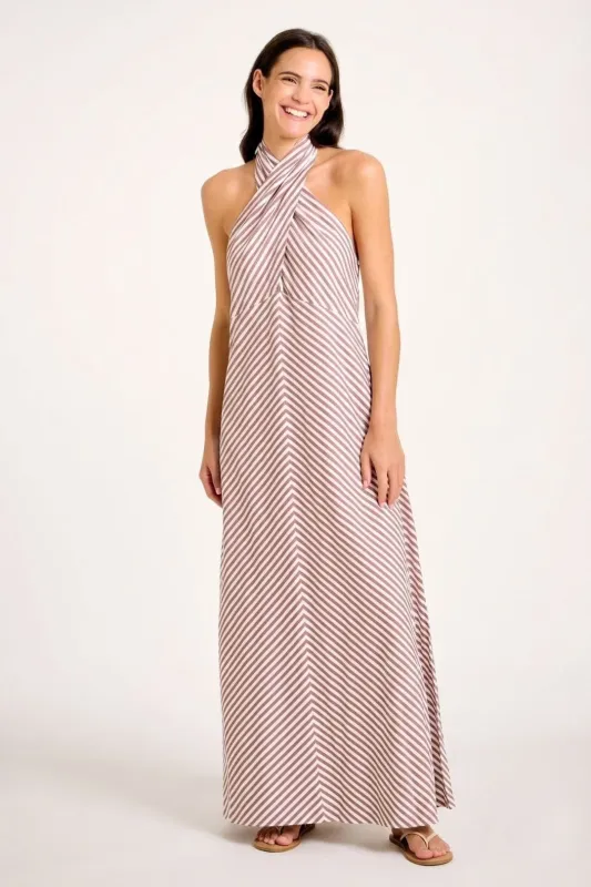 Amore Halter Dress - Brown/White Stripes made by Sitano