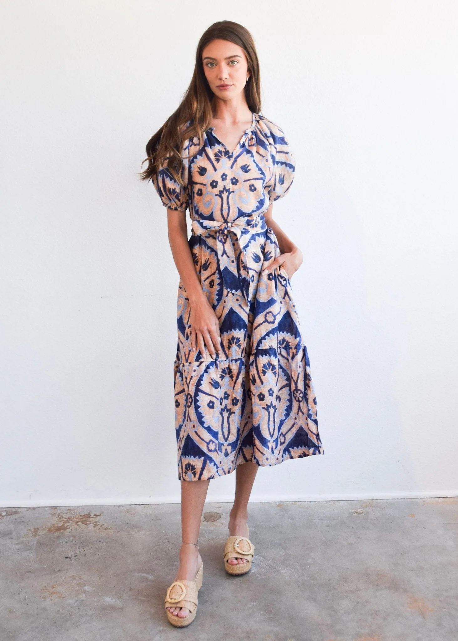 Ruffle Gathered V-Neck Dress Marakesh Medallion sold by Modatrova