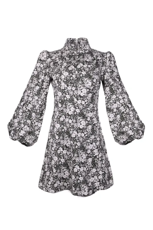 Jane High Neck Empire Mini Dress / Forest Green and Milky White Floral Cotton sold by Modatrova