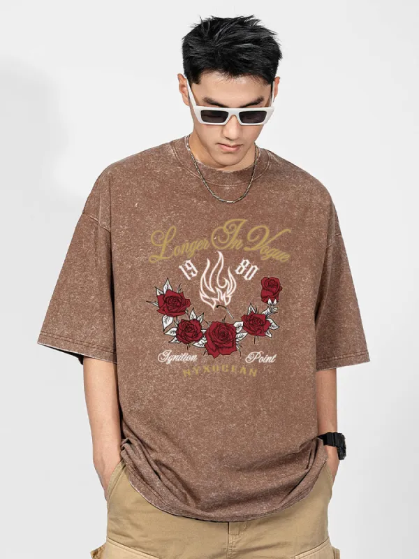 Retro Flame Rose Print Wash T-Shirt sold by Oeyes