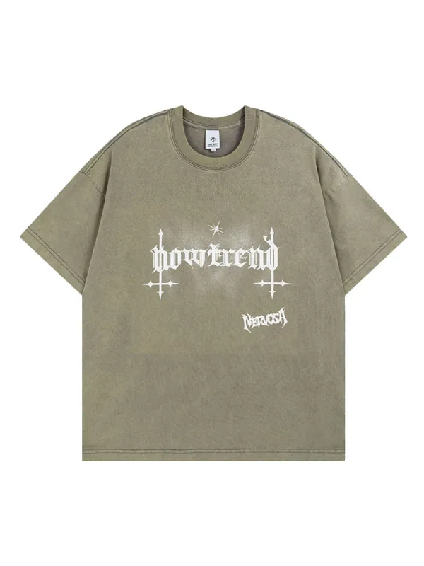Retro Gothic Letter Print Washed Casual T-Shirt sold by Oeyes