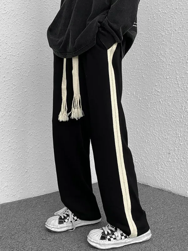 Trousers Men Side Seam Stripe Elastic Waist Casual Sweatpants Straight Pants sold by Oeyes