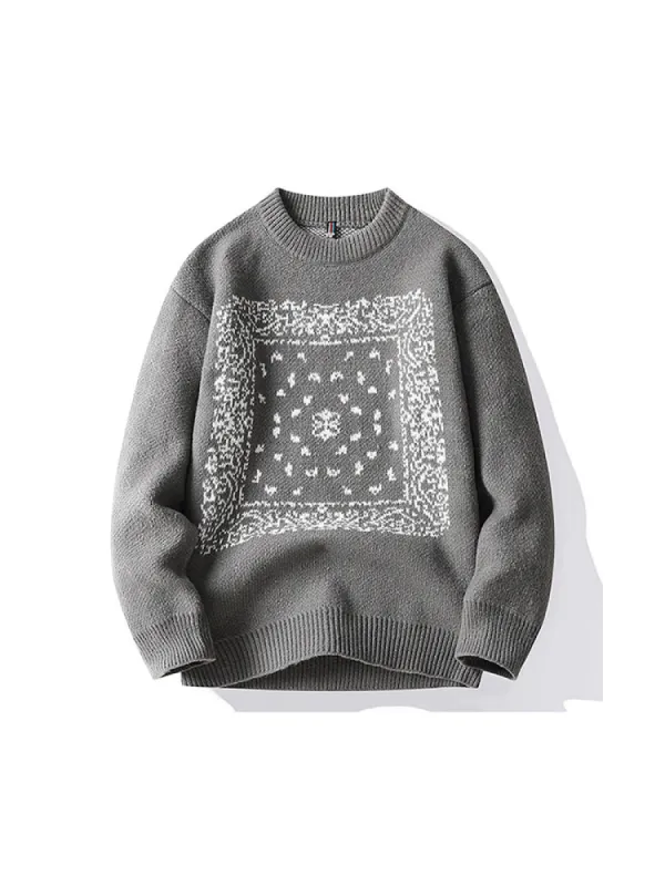 Crew Neck Sweater Men Loose Print Thickening Knitting Sweater sold by Oeyes